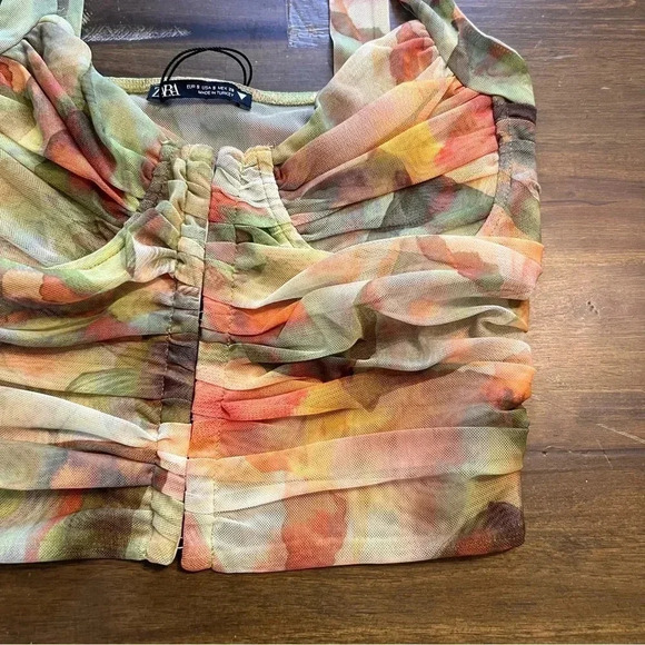 Zara Tulle Corset Top Printed Crop Sheer Underwire Green Orange Small - Picture 5 of 9